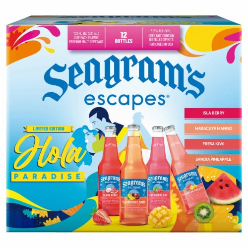 Seagram's Escapes Variety Pack Hard Seltzer 12x 11.2oz Bottles available at Sip N Burn Liquors, refreshing flavored alcoholic beverages perfect for summer gatherings and celebratory occasions.