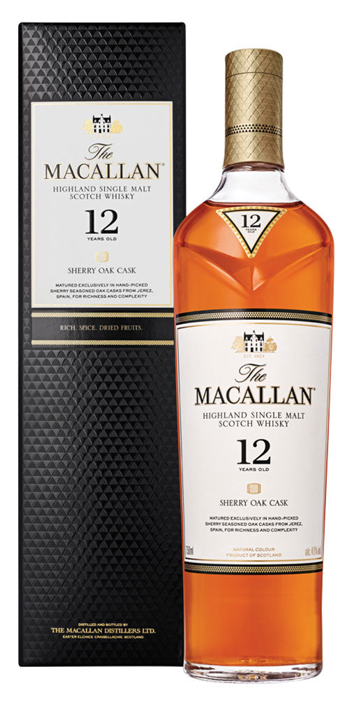 Macallan 12 Year Sherry Oak Single Malt Scotch Whisky available at Sip N Burn Liquors, showcasing rich flavors and elegant packaging.