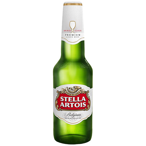 Stella Artois beer bottle from Sip N Burn Liquors, premium Belgian lager famous for its crisp taste and rich heritage.