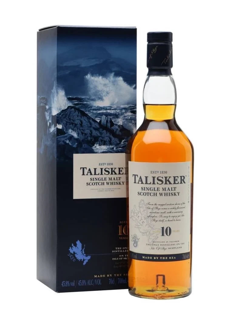 Talisker 10yr Single Malt Scotch 750ml bottle from Sip N Burn Liquors, rich in maritime flavors and peaty notes, perfect for connoisseurs and enthusiasts.