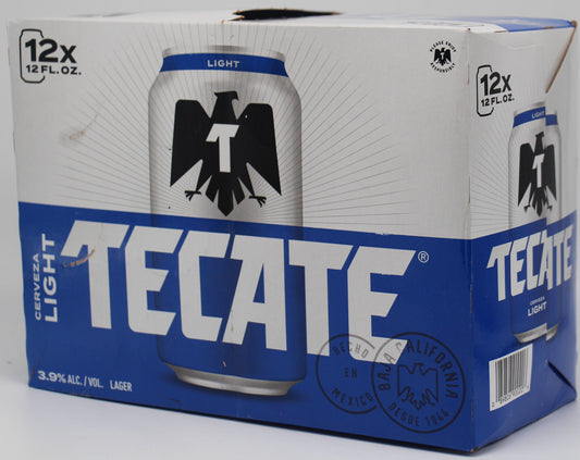 Tecate Light Lager - 12x 12oz cans available at Sip N Burn Liquors, refreshing Mexican beer with a crisp taste perfect for any occasion