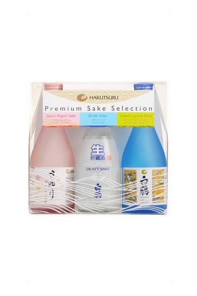 Hakutsuru Premium Sak Selection featuring three 900ml bottles of authentic Japanese sake from Sip N Burn Liquors.