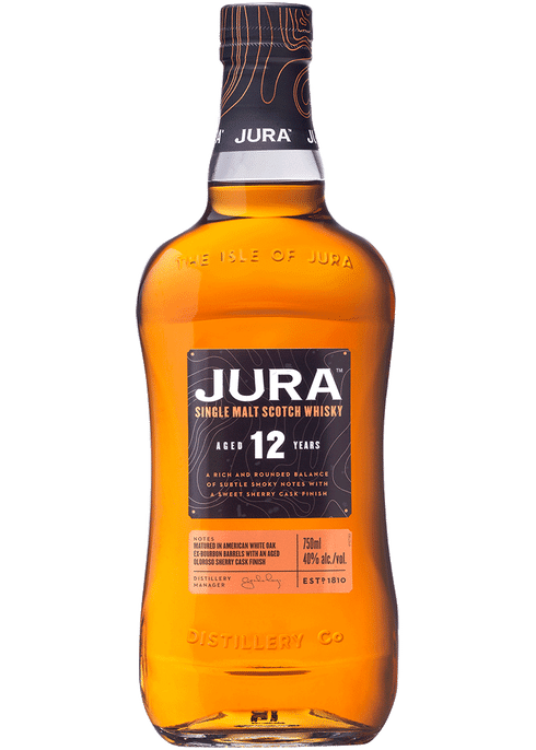 Jura 12 Year Single Malt Scotch Whisky from Sip N Burn Liquors - rich and smooth whiskey with notes of caramel and spice, perfect for sipping or mixing.