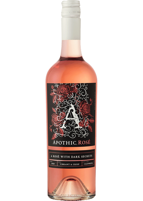 Apothic Rose wine bottle displayed on a rustic wooden table at Sip N Burn Liquors, showcasing its elegant design and vibrant pink color.