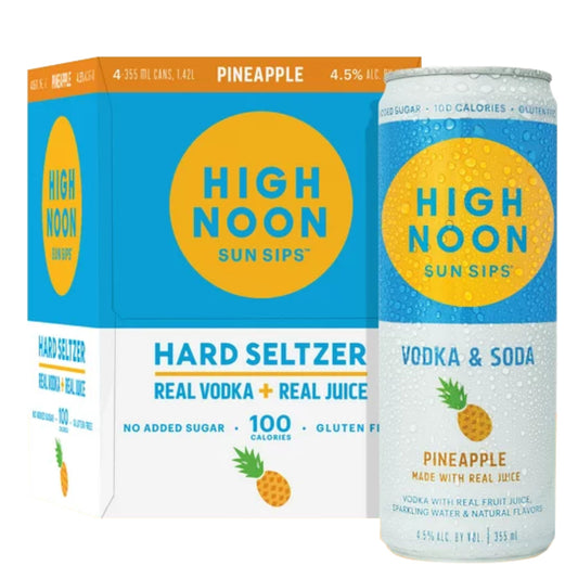 High Noon Pineapple Vodka Hard Seltzer Ready-to-drink 4x 12oz Cans available at Sip N Burn Liquors, refreshing pineapple flavor for a perfect party beverage.