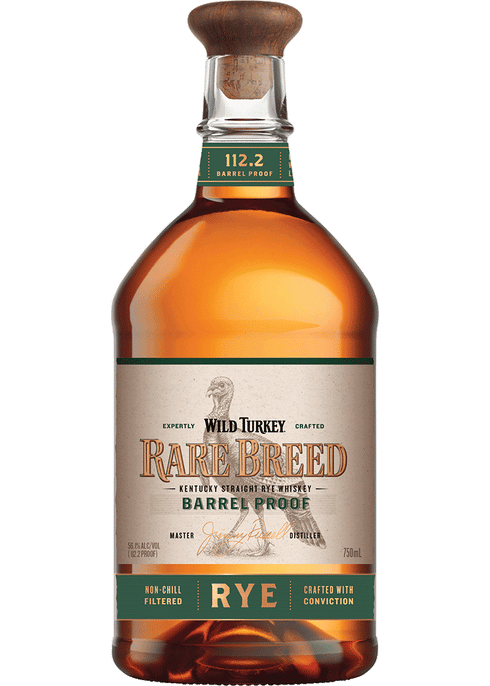 Wild Turkey Rare Breed Barrel Proof Rye Whiskey bottle on display at Sip N Burn Liquors, showcasing its rich amber color and distinctive label for whiskey enthusiasts.