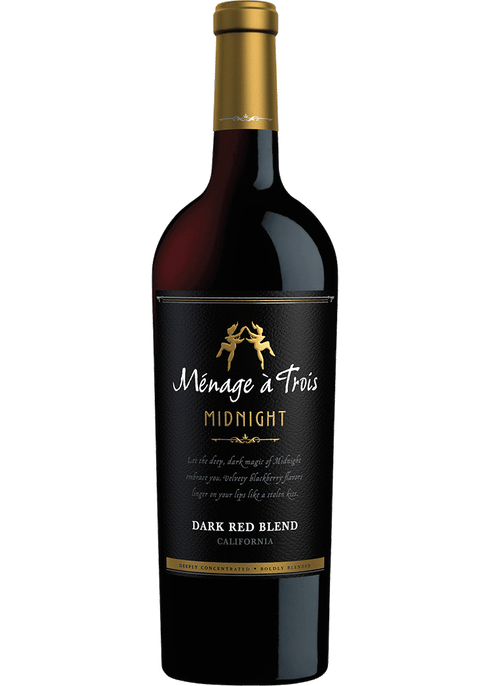 Menage A Trois Midnight red wine bottle showcased at Sip N Burn Liquors, featuring a rich blend of dark fruits and smooth finish, perfect for indulgent evenings.