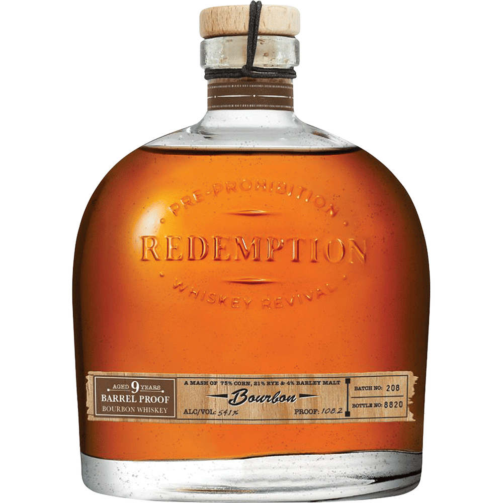 Redemption 9 Year Barrel Proof Bourbon Whiskey available at Sip N Burn Liquors, crafted for a rich and bold flavor profile, perfect for whiskey enthusiasts.