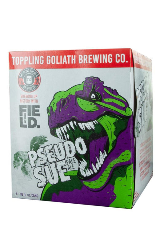 Toppling Goliath Pseudo Sue 16oz can available at Sip N Burn Liquors, featuring a vibrant label and unique hop profile, perfect for craft beer enthusiasts.