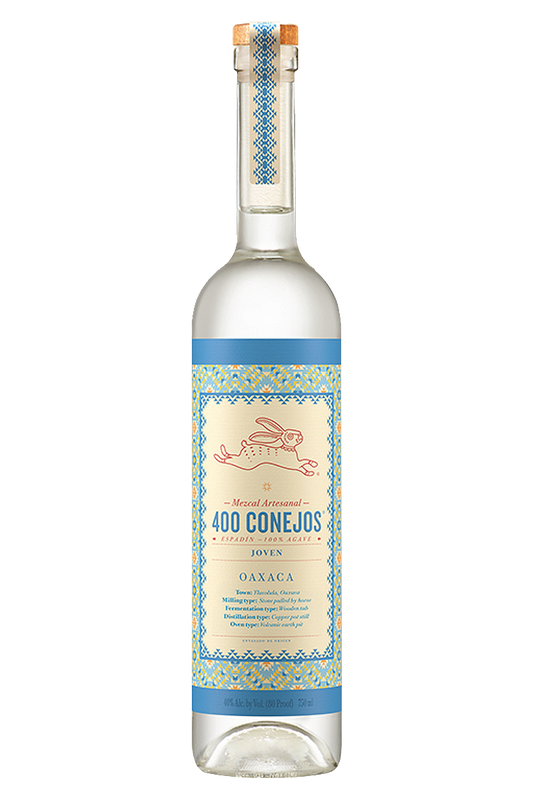 Alt text: 400 Conejos Joven Espadin Mezcal - Premium artisanal mezcal available at Sip N Burn Liquors, showcasing authentic craftsmanship and rich flavor profile.