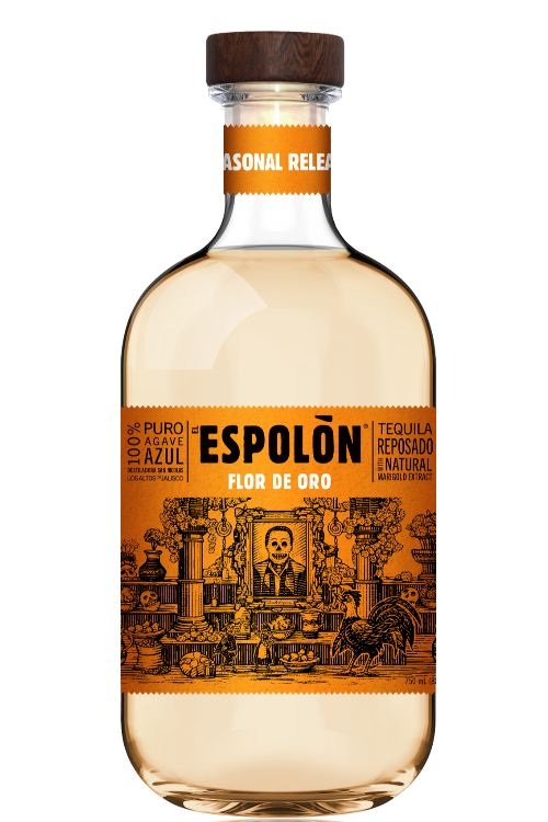 Espolon Flor de Oro tequila bottle available at Sip N Burn Liquors, featuring vibrant packaging and a distinctive design, perfect for sipping or mixing in cocktails.