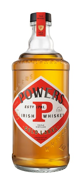 Powers Gold Label Irish Whiskey bottle displayed at Sip N Burn Liquors, a premium selection of fine spirits.