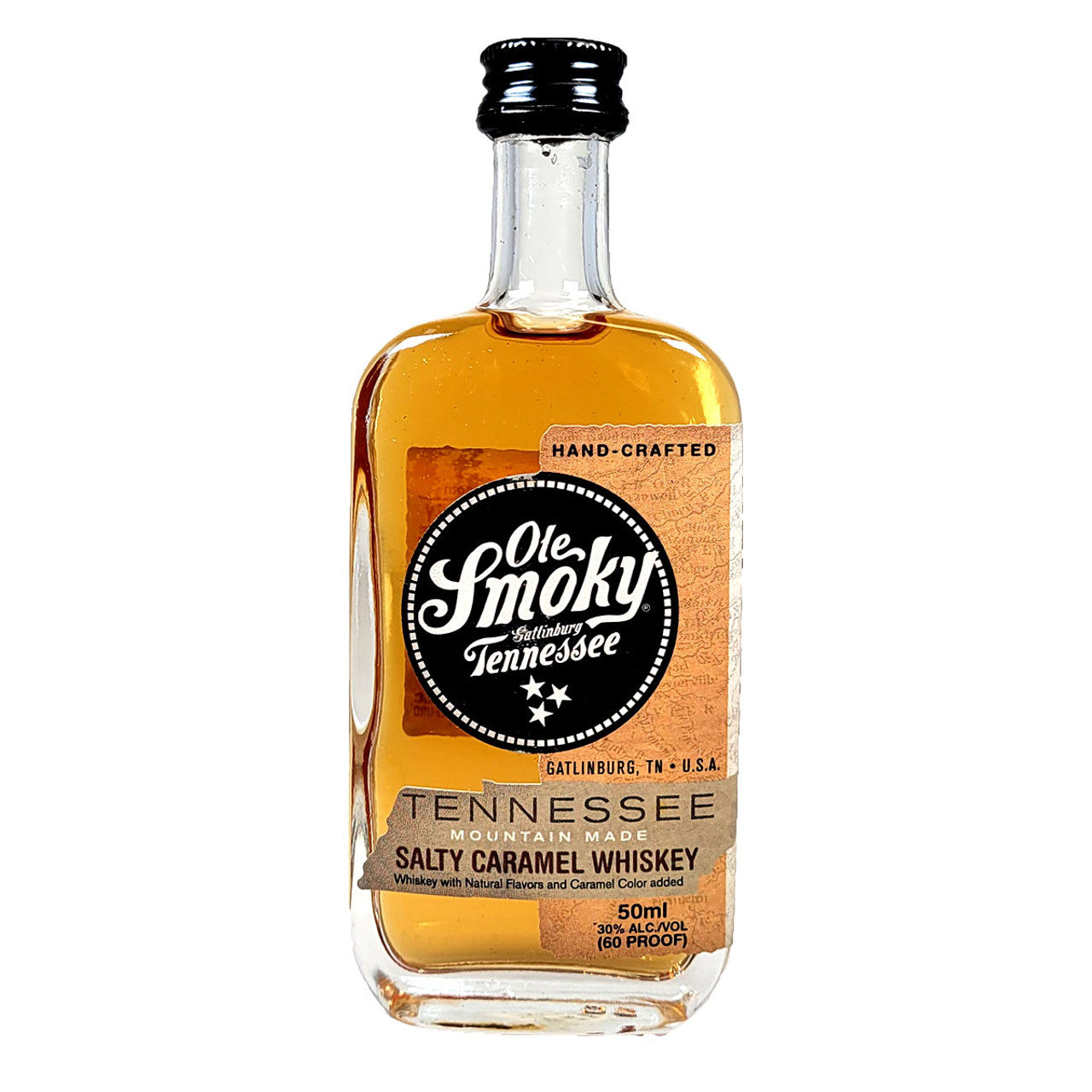 Ole Smoky Salty Caramel Whisky 50ml bottle available at Sip N Burn Liquors, featuring a rich blend of sweet caramel and savory notes for a unique tasting experience.