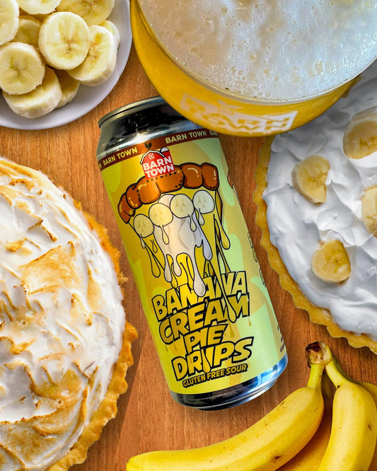 Banana Cream Pie flavored liquor by BARN TOWN, available at Sip N Burn Liquors, showcasing a tempting dessert-inspired bottle with a creamy yellow hue.