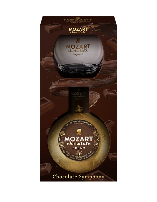 Mozart Chocolate Cream Liqueur Gift Set 750ml Bottle from Sip N Burn Liquors, perfect for gifting or indulging in rich chocolate flavors.