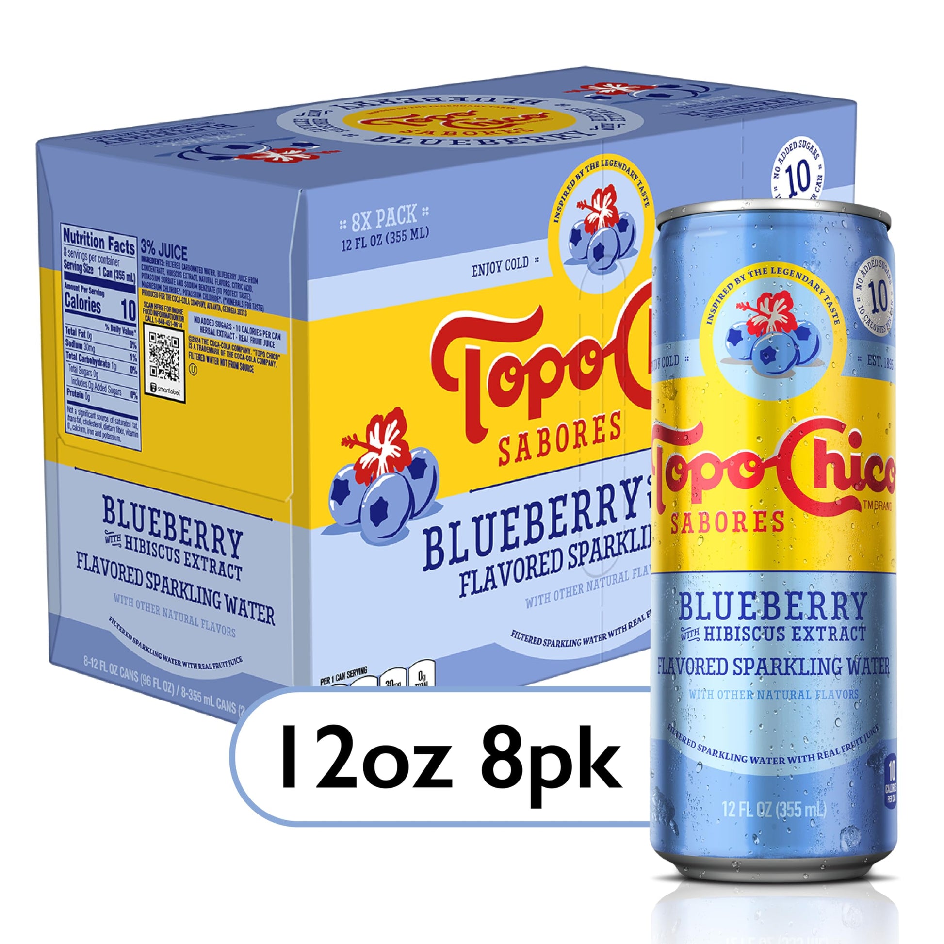 Topo Chico Sabores Blueberry with Hibiscus Extract 12oz 8pk available at Sip N Burn Liquors for a refreshing flavor experience.