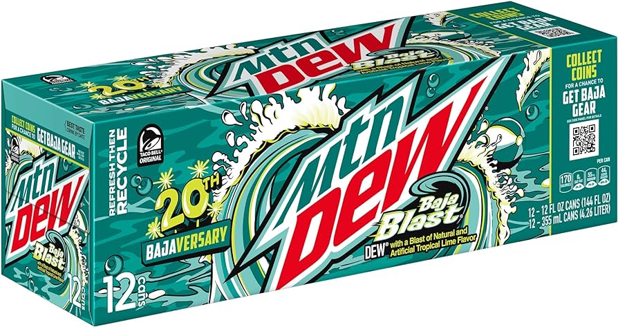 Baja Blast Man Dew 12-pack from Sip N Burn Liquors, refreshing tropical soda beverage with vibrant packaging