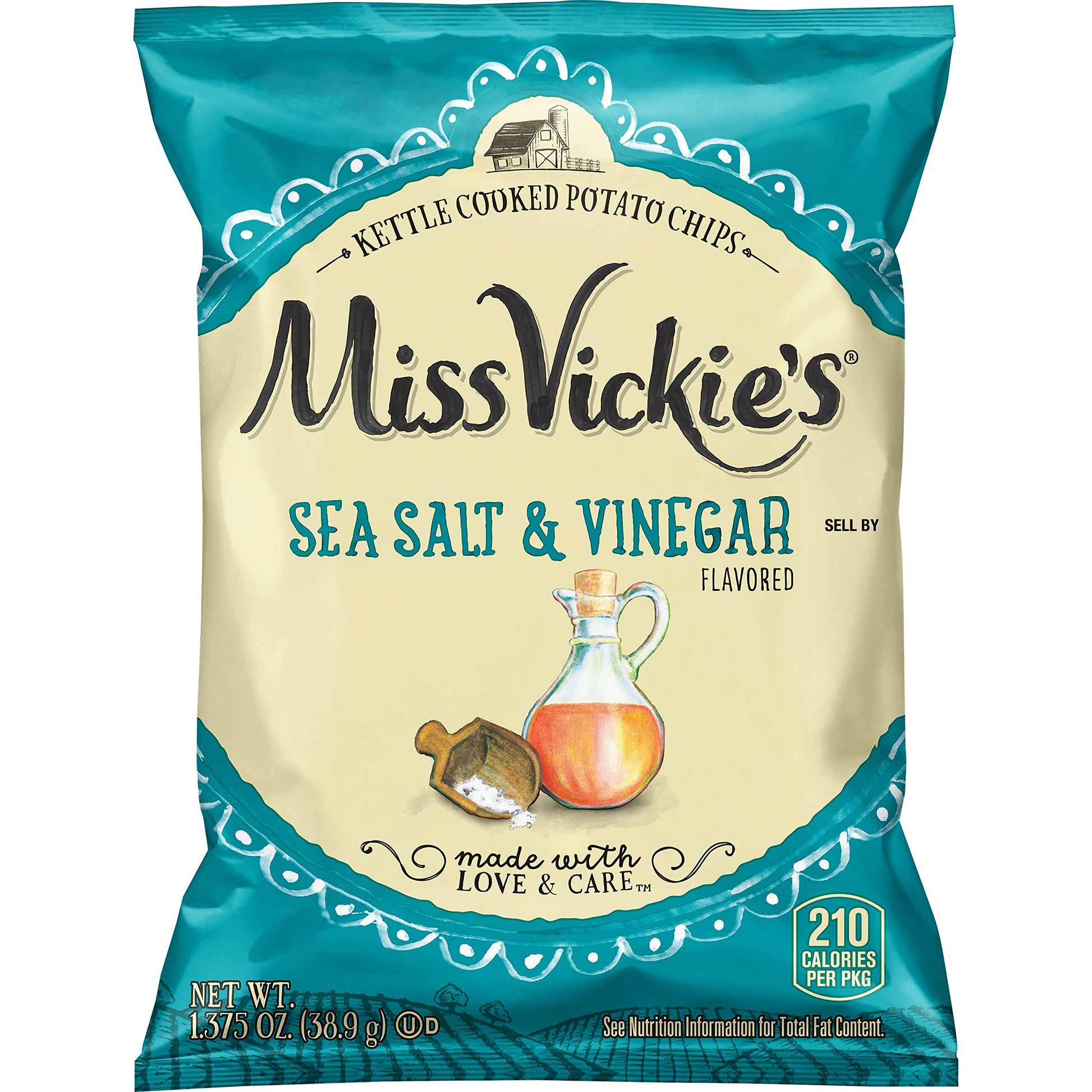 Miss Vickie S® Sea Salt and Vinegar Flavored Potato Chips 1.375 Oz. Bag available at Sip N Burn Liquors, deliciously crisp and tangy snack option.