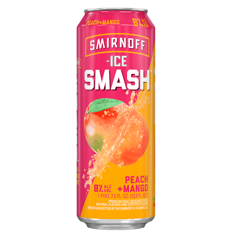 Smirnoff Smash Peach Mango 23.5 Oz Can with 8% ABV from Sip N Burn Liquors, refreshing flavored alcoholic beverage perfect for summer drinks.