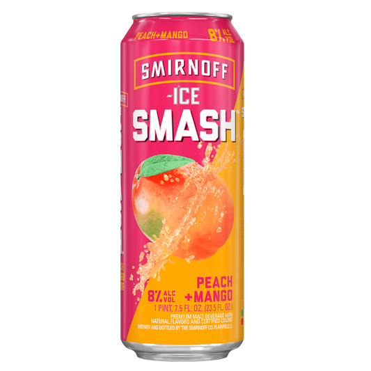 Smirnoff Smash Peach Mango 23.5 Oz Can with 8% ABV from Sip N Burn Liquors, refreshing flavored alcoholic beverage perfect for summer drinks.