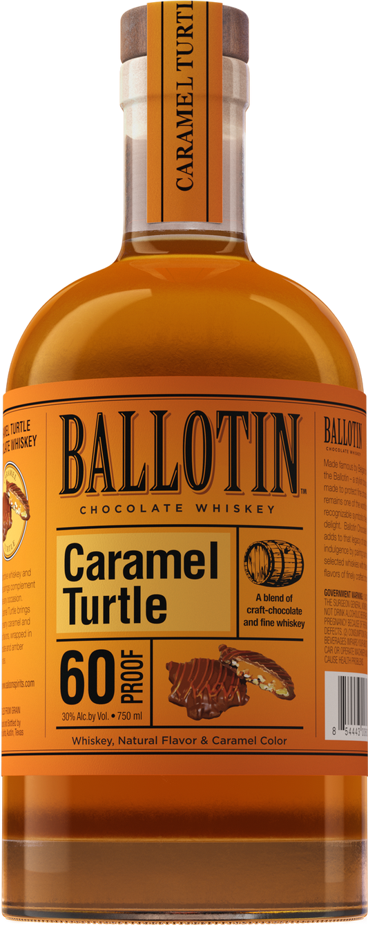 Ballotin Bourbon Caramel Turtle Whiskey Flavored - Sip N Burn Liquors, indulge in rich caramel and chocolate flavors with a touch of bourbon essence.