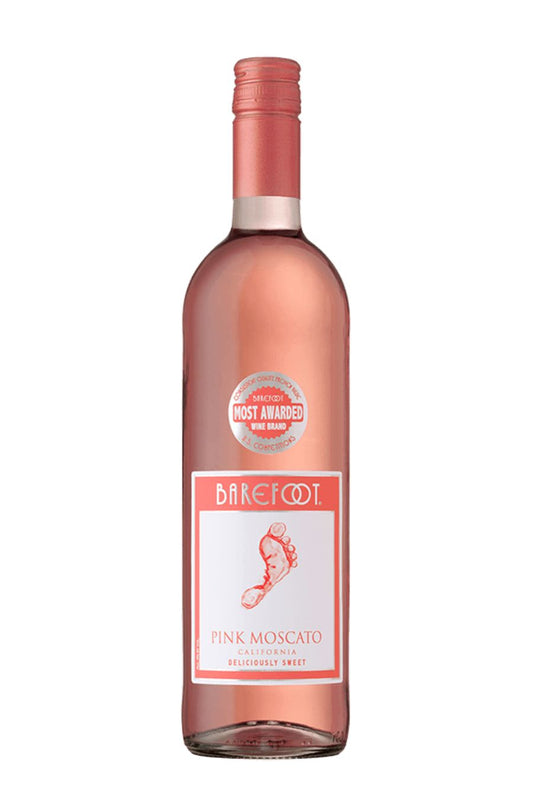 Barefoot Pink Moscato wine bottle with a vibrant pink label from Sip N Burn Liquors, perfect for sweet wine lovers and ideal for celebrations.