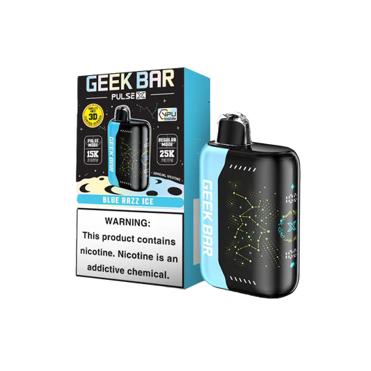 GEEK BAR PULSE X 25KPF blue razz ice available at Sip N Burn Liquors, featuring a refreshing blue raspberry flavor with a cooling effect, perfect for on-the-go vaping.