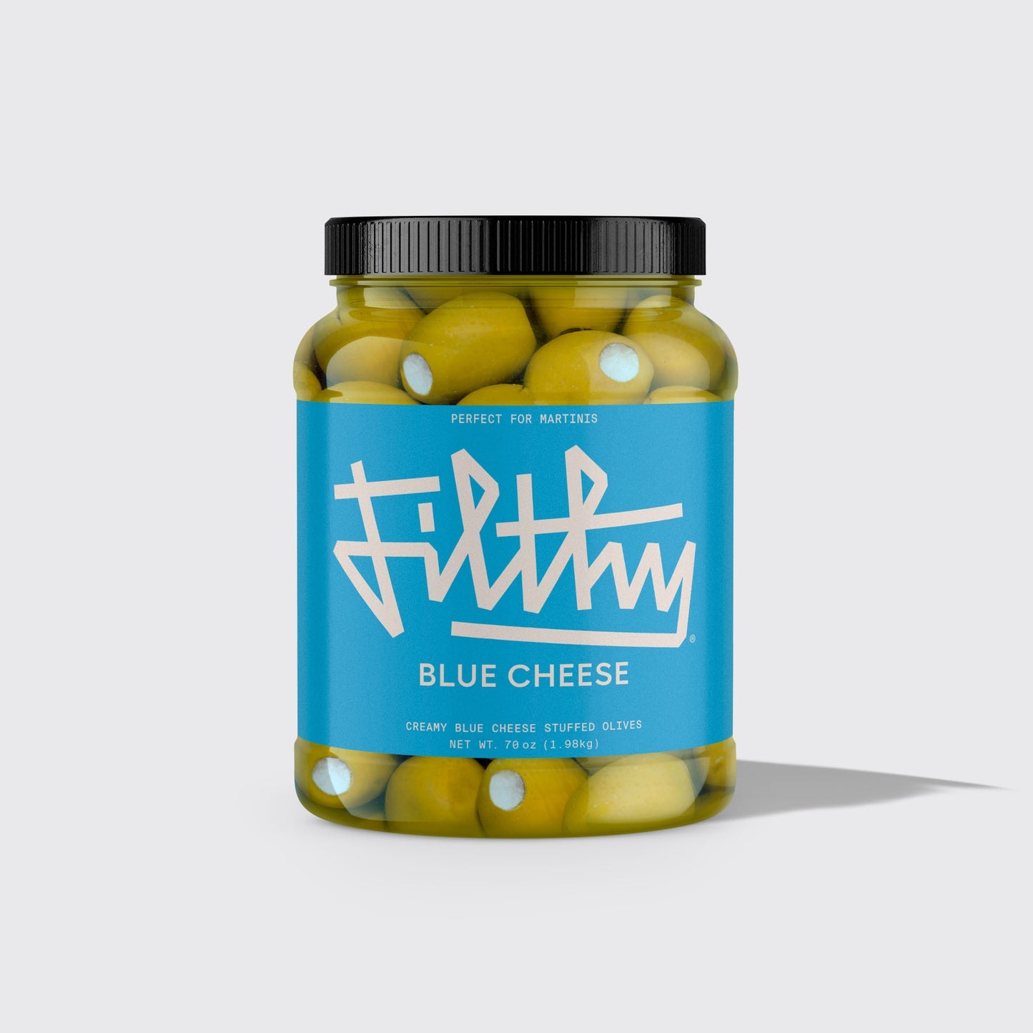 Filthy Ble Cheese Olives from Sip N Burn Liquors - premium stuffed olives for cocktails and gourmet snacking.