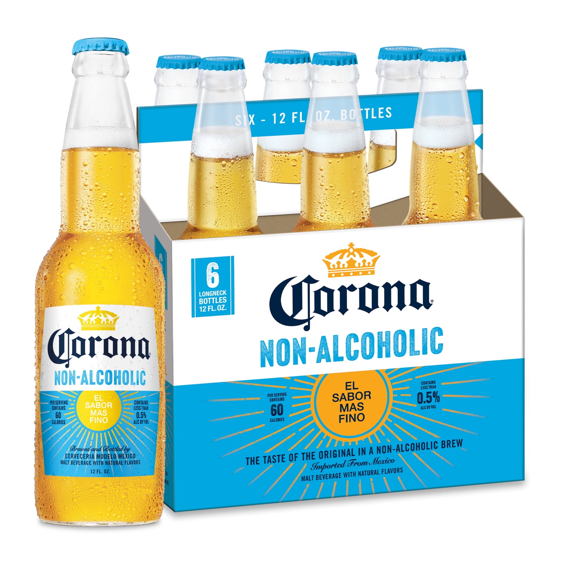 Corona Non-Alcoholic Malt Beverage 6 Pack - Refreshing Mexican Import Brew in 12 Fl Oz Glass Bottles, Less than 0.5% ABV, Available at Sip N Burn Liquors