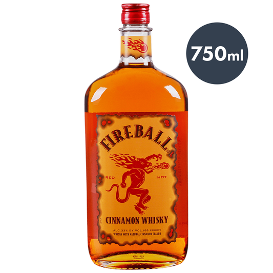 Fireball Cinnamon Whisky 750mL bottle from Sip N Burn Liquors, featuring a bold fiery flavor and iconic logo, perfect for cocktails or straight shots.