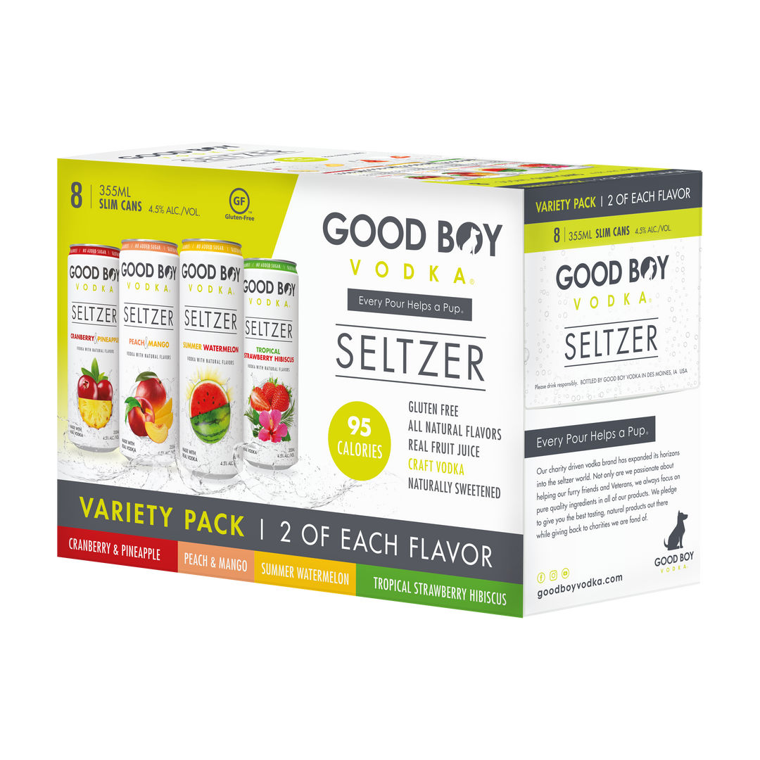 Good Boy Vodka Seltzer Variety 8 Pack available at Sip N Burn Liquors, refreshing flavored seltzers perfect for any occasion.