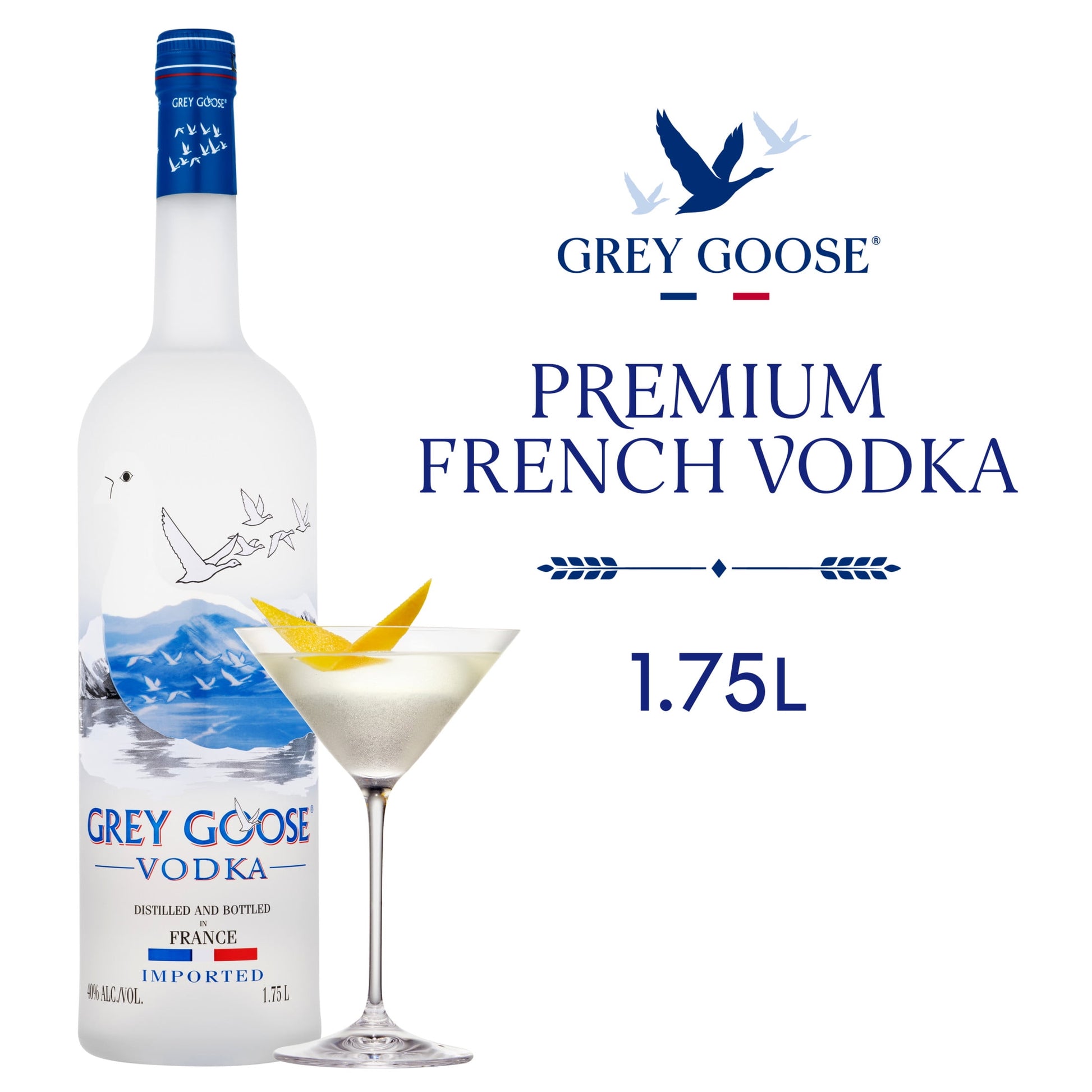 Grey Goose Vodka 1.75L bottle available at Sip N Burn Liquors, premium French vodka known for its smoothness and quality.