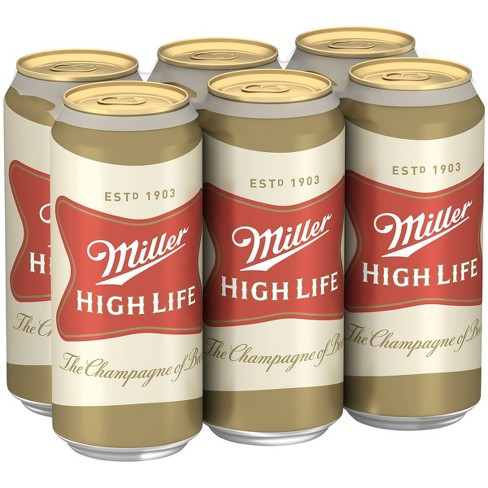 Miller High Life Light 6-pack 16oz cans available at Sip N Burn Liquors for refreshing enjoyment.