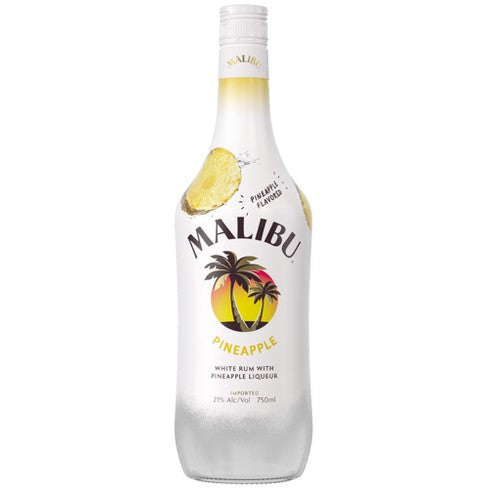 Malibu Pineapple Rum Flavored 750ml Bottle from Sip N Burn Liquors, tropical pineapple flavor, perfect for cocktails and summer drinks.