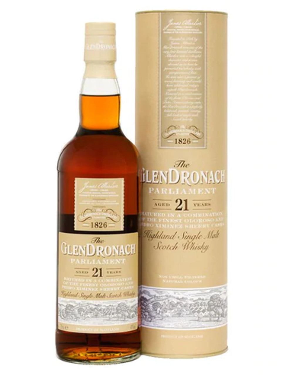 The GlenDronach Single Malt Scotch Whisky Parliament Aged 21 Years 750ml Bottle from Sip N Burn Liquors, premium aged whisky with rich flavors and smooth finish.