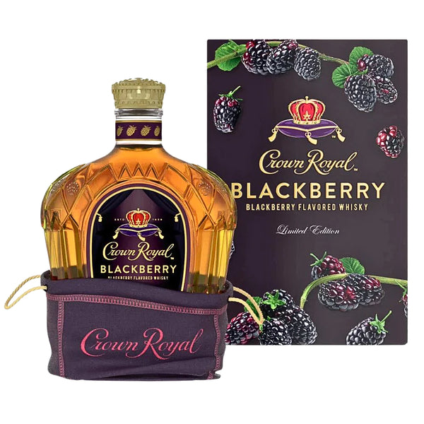 Crown Royal Blackberry whiskey box and bag from Sip N Burn Liquors, featuring a rich blackcurrant flavor and elegant packaging.