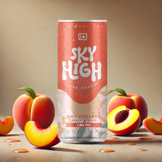 Sky High Coolers Peach Moscato 4pk - Refreshing and fruity beverage available at Sip N Burn Liquors. Perfect for summer gatherings and outdoor celebrations.