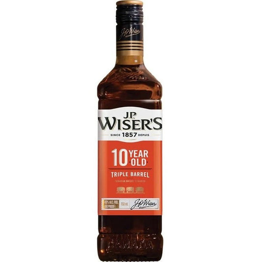 J.P. Wisers 10 Year Old Triple Barrel whisky bottle from Sip N Burn Liquors, showcasing its rich amber color and elegant packaging, perfect for connoisseurs and collectors.