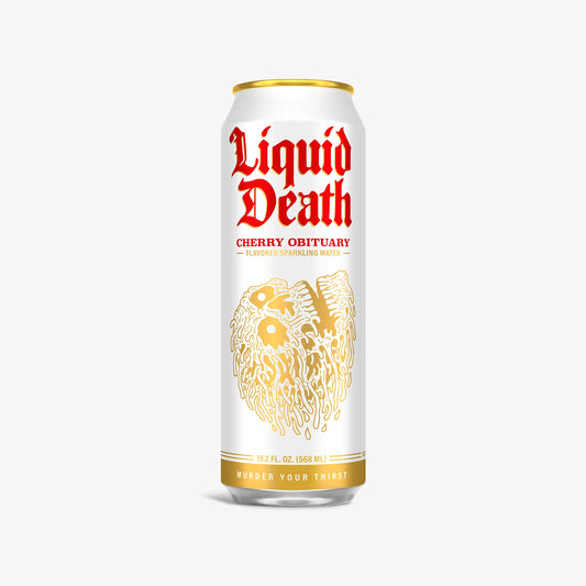 Liquid Death Cherry Obituary can at Sip N Burn Liquors, refreshing flavored water with a bold twist, perfect for quenching your thirst.