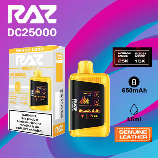 RAZ DC25K MANGO LOCO energy drink from Sip N Burn Liquors, featuring a vibrant mango flavor and dynamic design for an energizing experience.