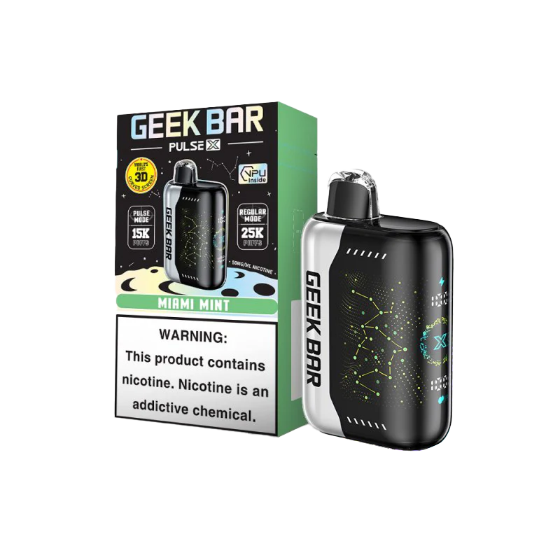 GEEK BAR PULSE X 25KPF Miami mint available at Sip N Burn Liquors, featuring refreshing mint flavor in a sleek design.