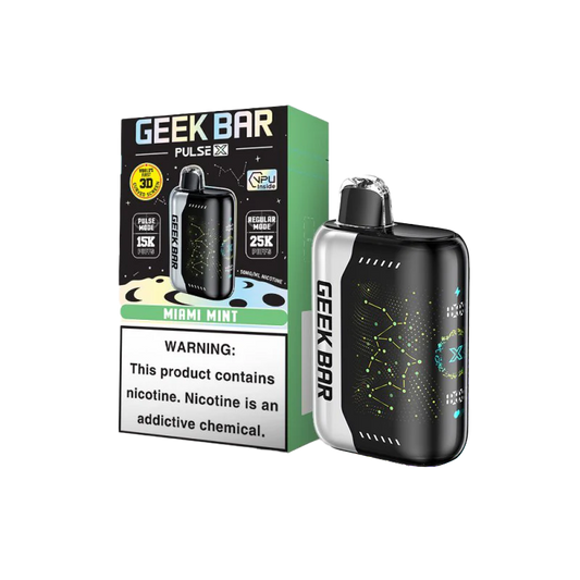 GEEK BAR PULSE X 25KPF Miami mint available at Sip N Burn Liquors, featuring refreshing mint flavor in a sleek design.