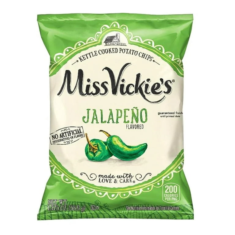 Miss Vickie's Kettle Cooked Jalapeno Potato Chips 1.375 Oz Bag available at Sip N Burn Liquors, perfect for spicy snack lovers.