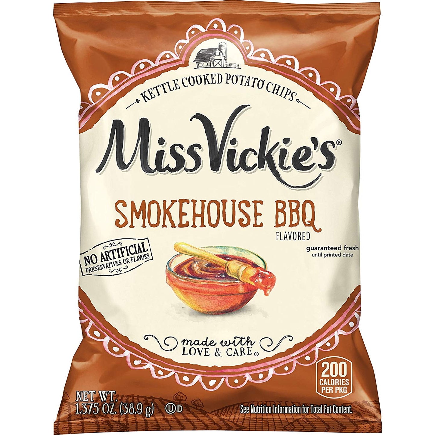 Miss Vickie S® Smokehouse BBQ Kettle Cooked Potato Chips 1.375 Oz. Bag available at Sip N Burn Liquors - perfect for snacking.