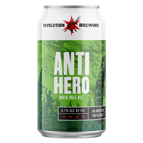 Revolution Brewing Anti Hero 12oz beer can from Sip N Burn Liquors, featuring bold artwork and hoppy flavor profile.