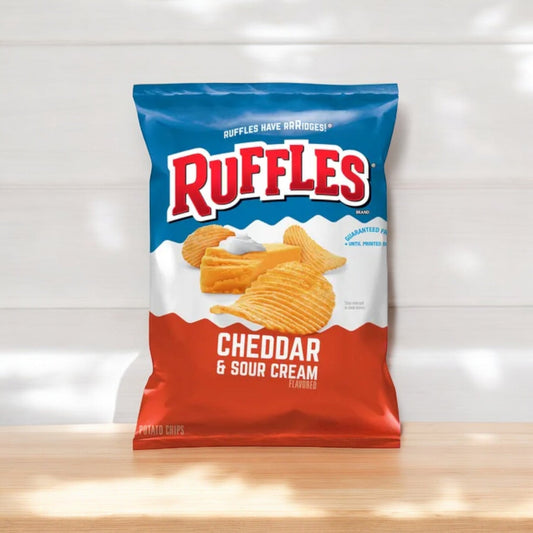 Ruffles 1 Oz Cheddar Sour Cream Chips available at Sip N Burn Liquors, perfect for snacking and pairing with your favorite beverages