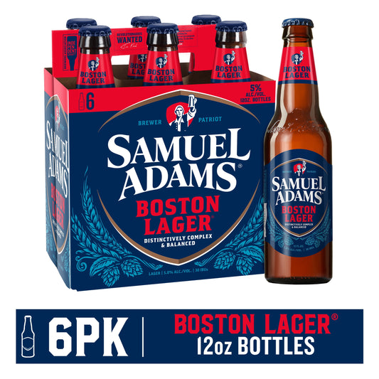 Samuel Adams Boston Lager 6 Pack - 12.0 Oz bottles, premium craft beer from Sip N Burn Liquors, rich flavor and quality brewing.