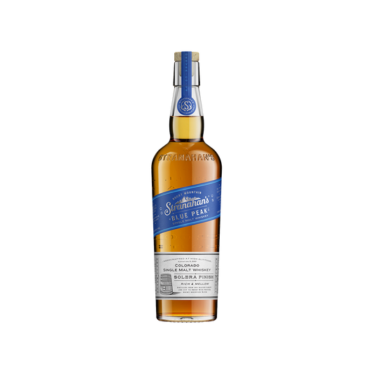 Stranahan's Blue Peak Single Malt Colorado Whiskey bottle displayed at Sip N Burn Liquors, showcasing its unique flavor profile and craftsmanship.