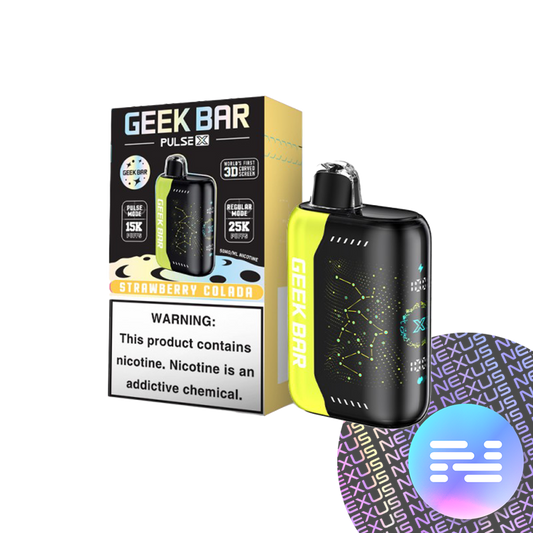 GEEK BAR PULSE X 25KPF Strawberry Colada disposable vape from Sip N Burn Liquors, featuring a refreshing fruit blend with a tropical twist, perfect for on-the-go enjoyment.