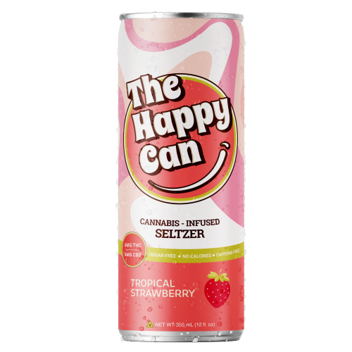 Tropical Strawberry flavored beverage from The Happy Can, available at Sip N Burn Liquors, perfect for a refreshing and fruity experience.